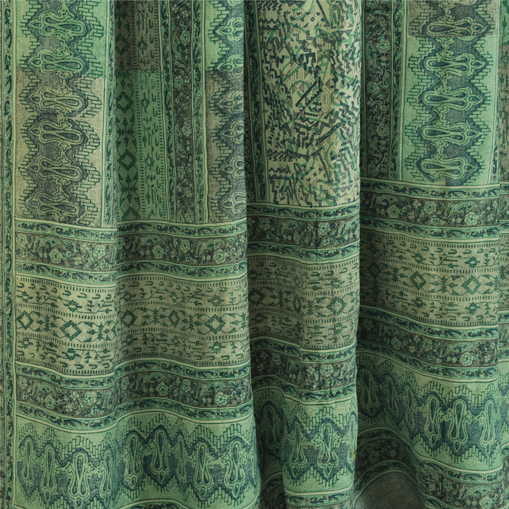 Sanskriti Vintage Sarees Green Pure Crepe Silk Printed Sari 5+yd Craft Fabric