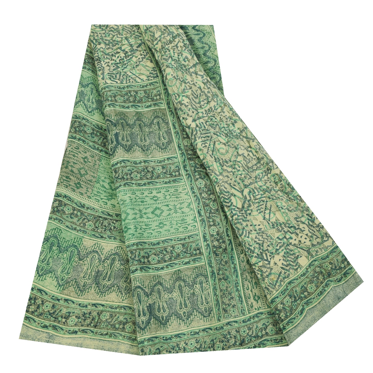 Sanskriti Vintage Sarees Green Pure Crepe Silk Printed Sari 5+yd Craft Fabric