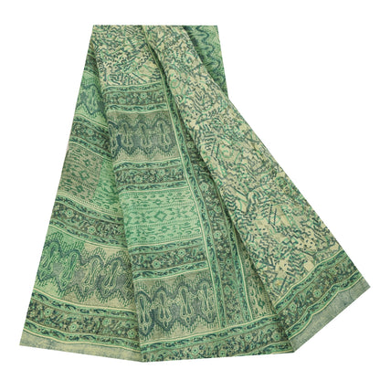 Sanskriti Vintage Sarees Green Pure Crepe Silk Printed Sari 5+yd Craft Fabric