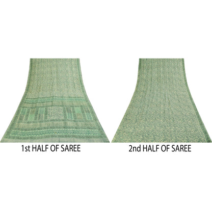 Sanskriti Vintage Sarees Green Pure Crepe Silk Printed Sari 5+yd Craft Fabric