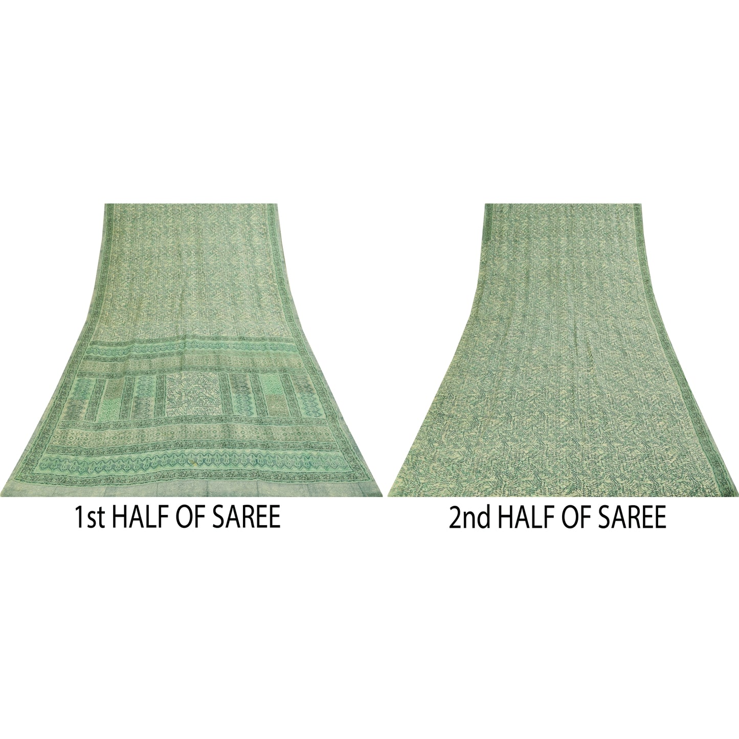 Sanskriti Vintage Sarees Green Pure Crepe Silk Printed Sari 5+yd Craft Fabric