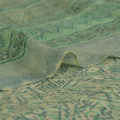 Sanskriti Vintage Sarees Green Pure Crepe Silk Printed Sari 5+yd Craft Fabric