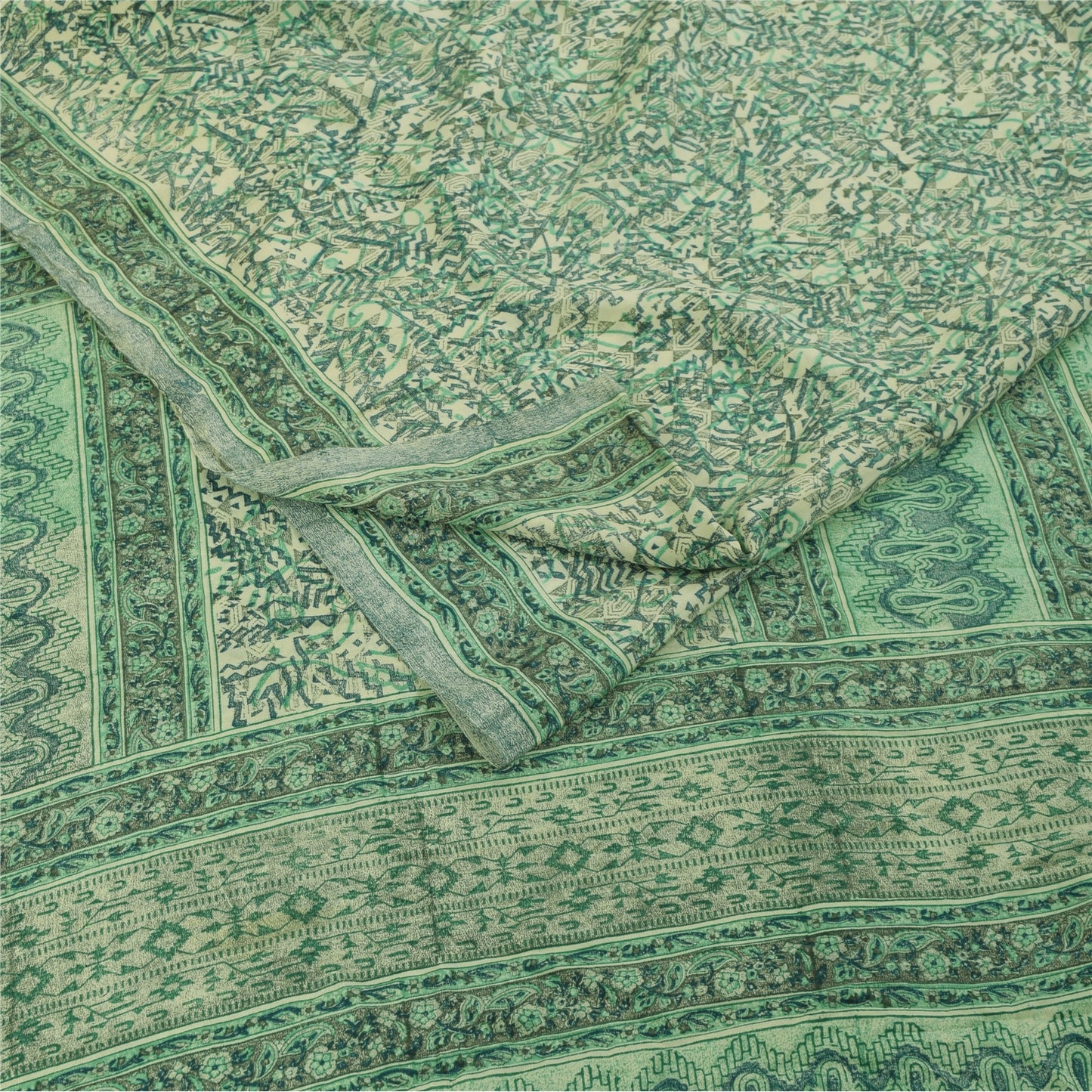Sanskriti Vintage Sarees Green Pure Crepe Silk Printed Sari 5+yd Craft Fabric
