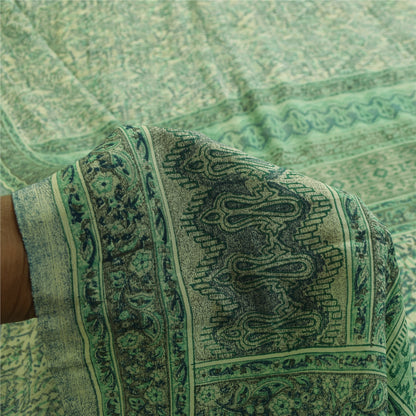 Sanskriti Vintage Sarees Green Pure Crepe Silk Printed Sari 5+yd Craft Fabric