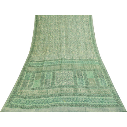 Sanskriti Vintage Sarees Green Pure Crepe Silk Printed Sari 5+yd Craft Fabric