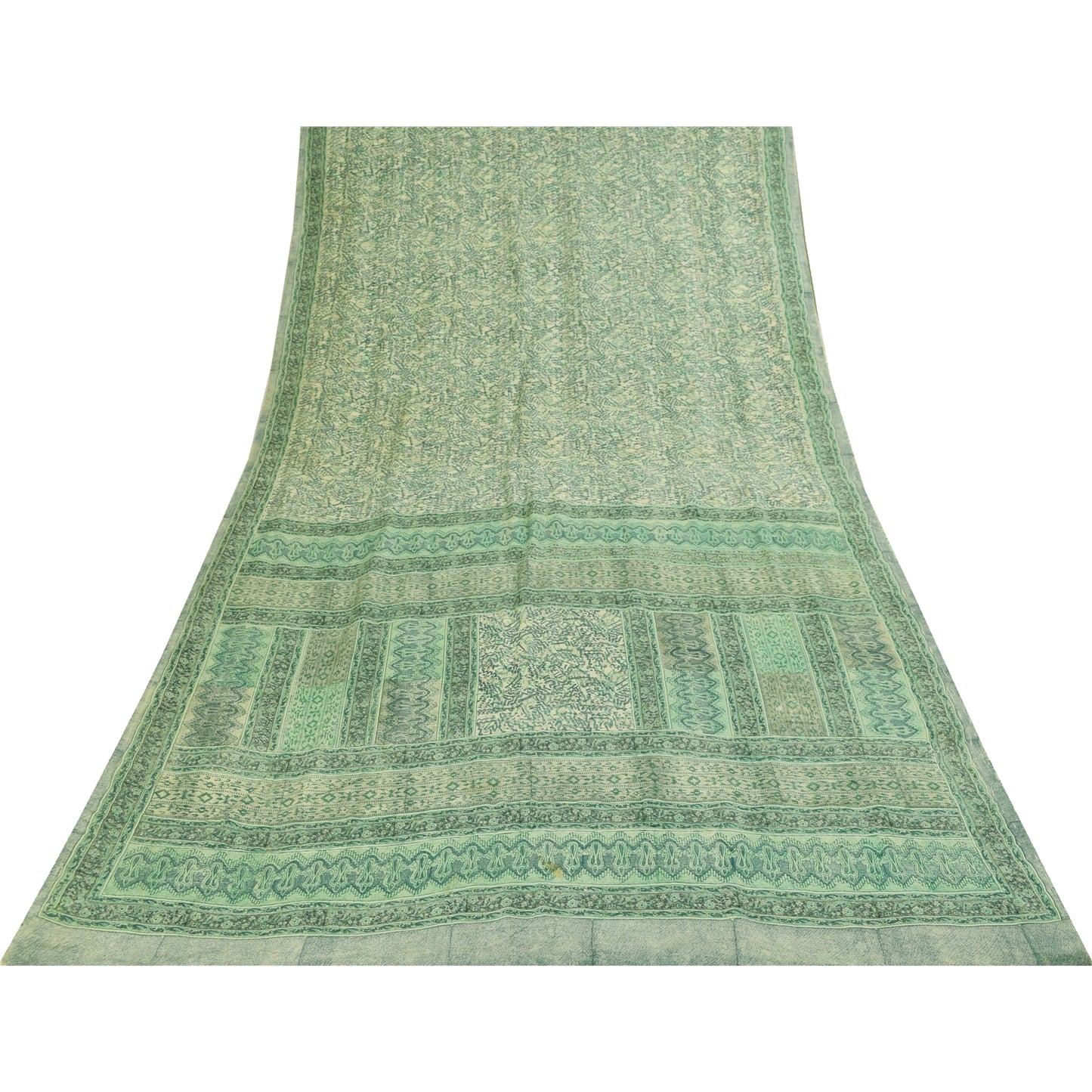 Sanskriti Vintage Sarees Green Pure Crepe Silk Printed Sari 5+yd Craft Fabric