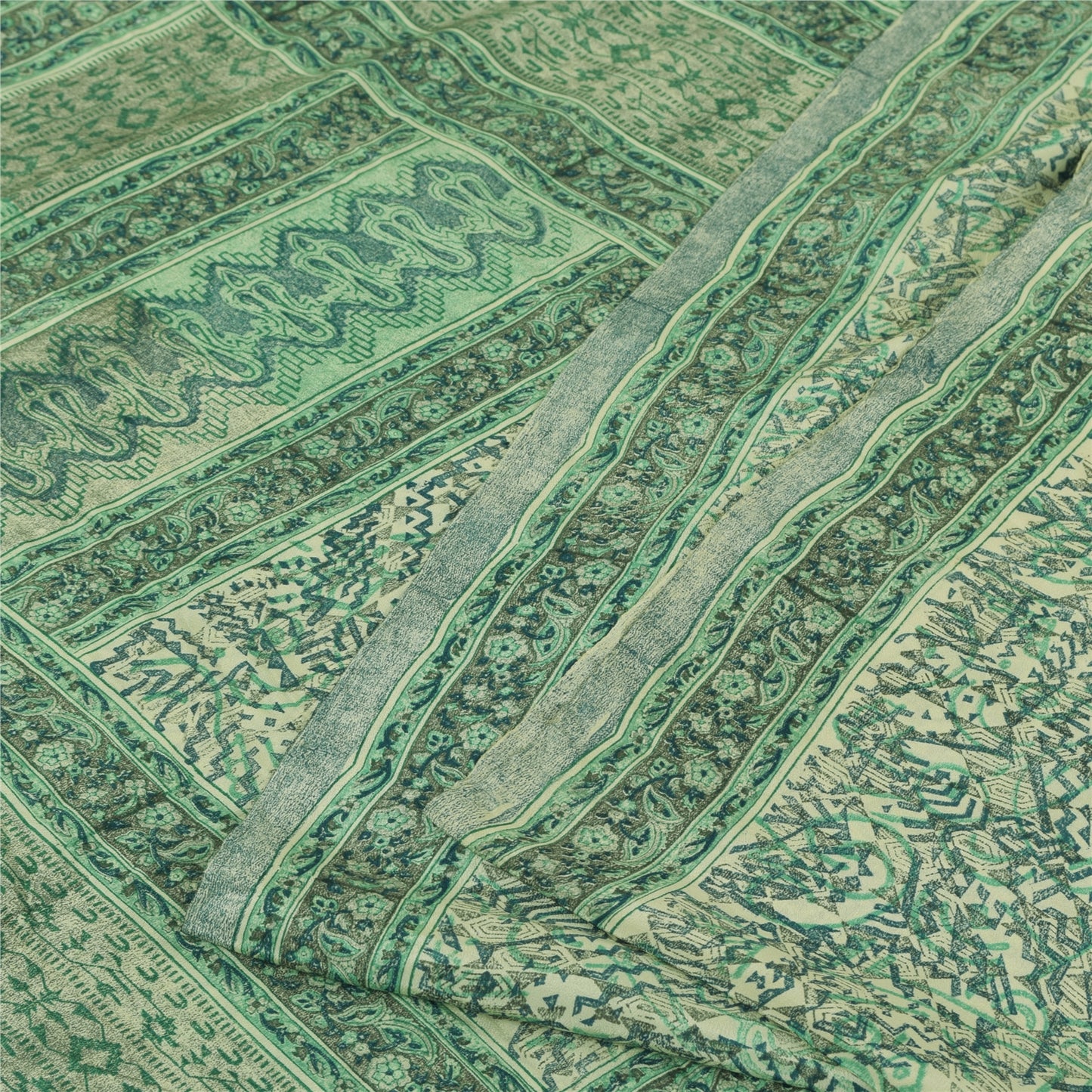 Sanskriti Vintage Sarees Green Pure Crepe Silk Printed Sari 5+yd Craft Fabric