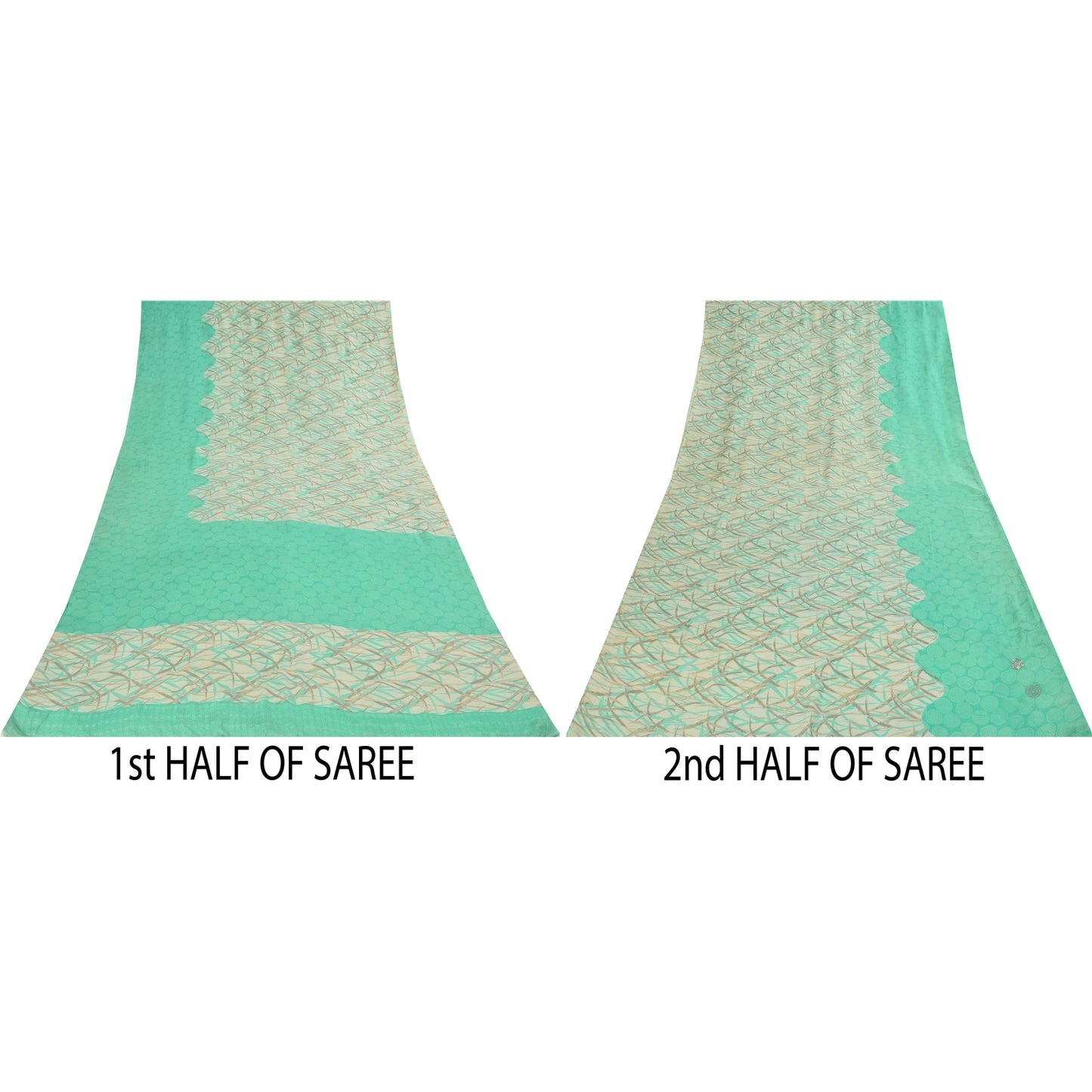 Sanskriti Vintage Sarees Green & Ivory Pure Crepe Printed Sari 5+yd Craft Fabric