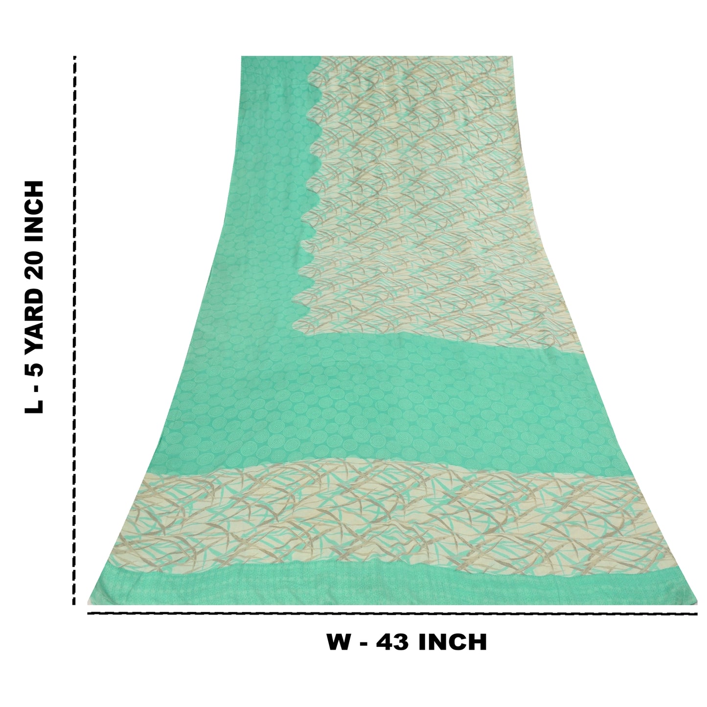 Sanskriti Vintage Sarees Green & Ivory Pure Crepe Printed Sari 5+yd Craft Fabric