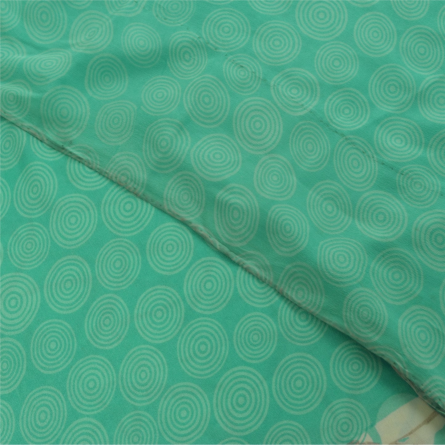 Sanskriti Vintage Sarees Green & Ivory Pure Crepe Printed Sari 5+yd Craft Fabric