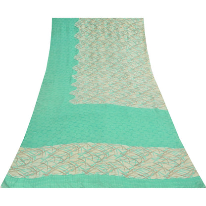 Sanskriti Vintage Sarees Green & Ivory Pure Crepe Printed Sari 5+yd Craft Fabric