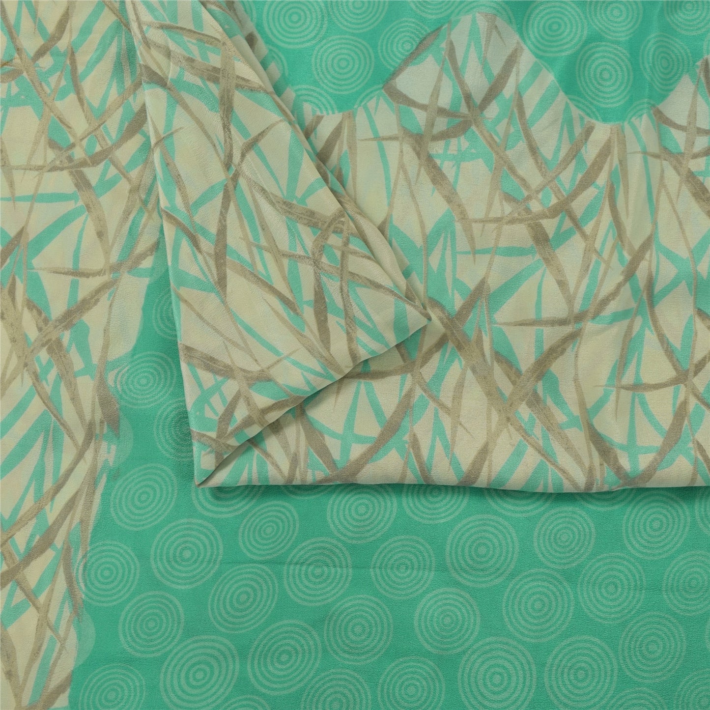 Sanskriti Vintage Sarees Green & Ivory Pure Crepe Printed Sari 5+yd Craft Fabric