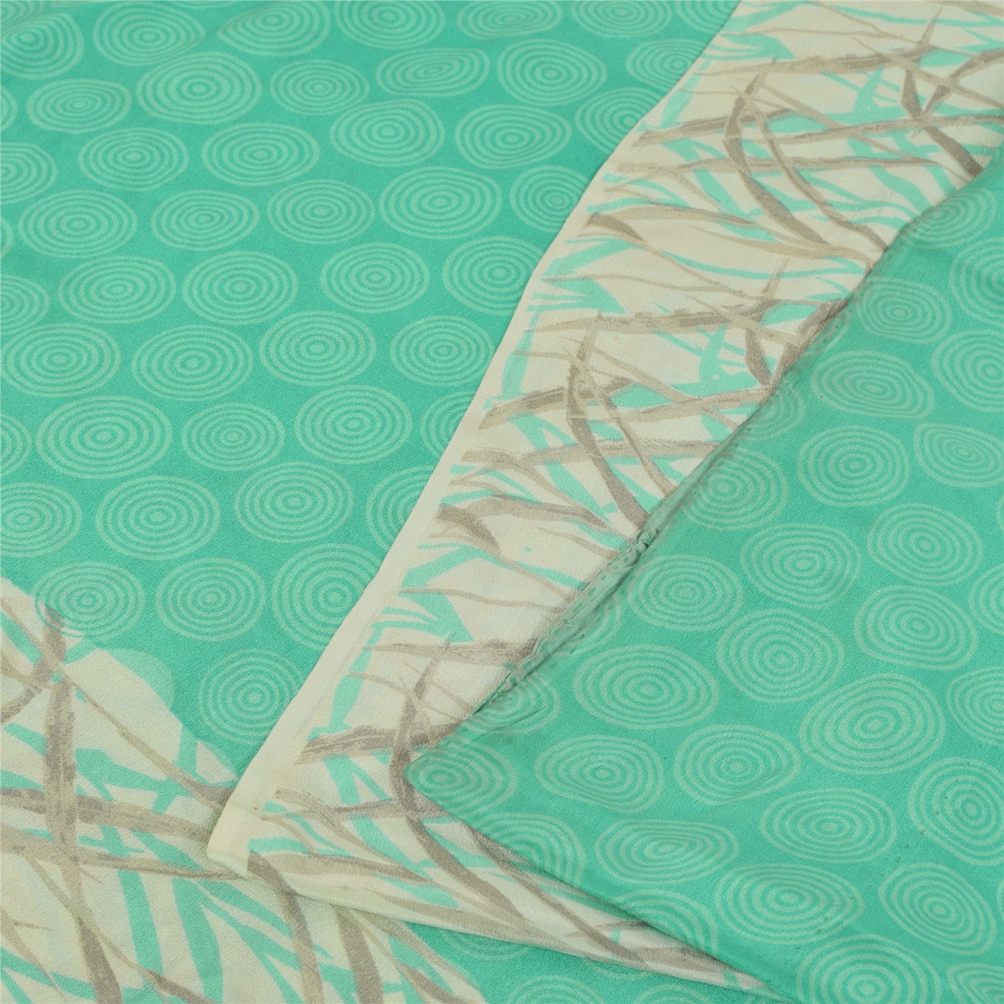 Sanskriti Vintage Sarees Green & Ivory Pure Crepe Printed Sari 5+yd Craft Fabric