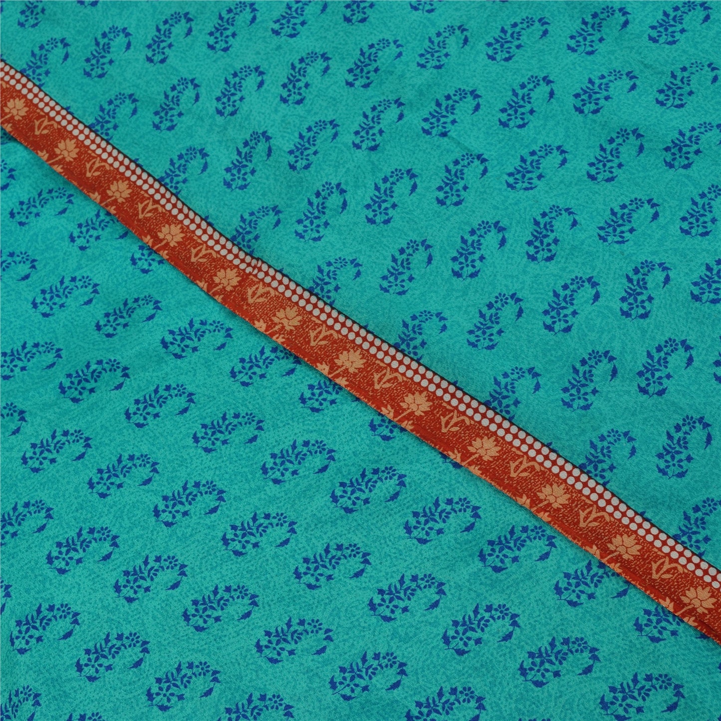 Sanskriti Vintage Sarees Blue 100%Pure Crepe Silk Printed Sari 5+yd Craft Fabric