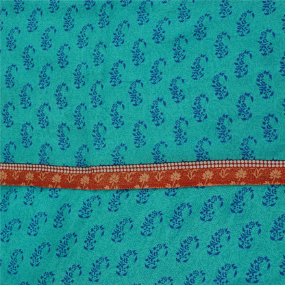 Sanskriti Vintage Sarees Blue 100%Pure Crepe Silk Printed Sari 5+yd Craft Fabric