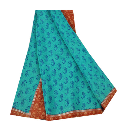 Sanskriti Vintage Sarees Blue 100%Pure Crepe Silk Printed Sari 5+yd Craft Fabric