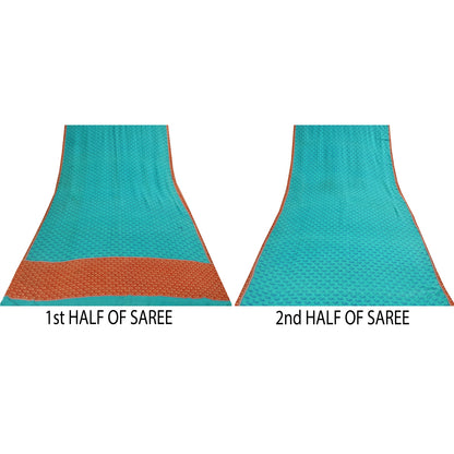 Sanskriti Vintage Sarees Blue 100%Pure Crepe Silk Printed Sari 5+yd Craft Fabric