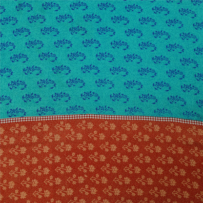 Sanskriti Vintage Sarees Blue 100%Pure Crepe Silk Printed Sari 5+yd Craft Fabric