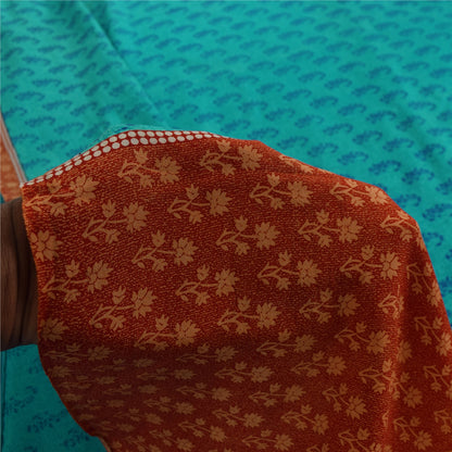 Sanskriti Vintage Sarees Blue 100%Pure Crepe Silk Printed Sari 5+yd Craft Fabric