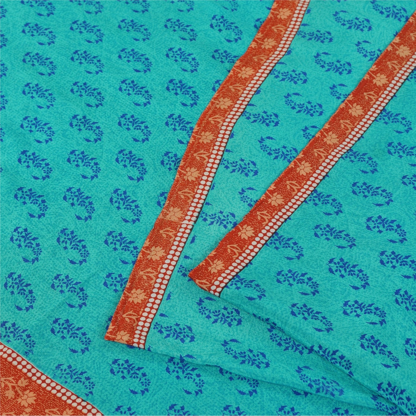 Sanskriti Vintage Sarees Blue 100%Pure Crepe Silk Printed Sari 5+yd Craft Fabric