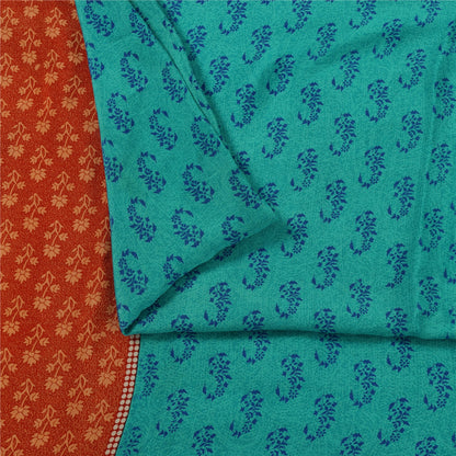 Sanskriti Vintage Sarees Blue 100%Pure Crepe Silk Printed Sari 5+yd Craft Fabric