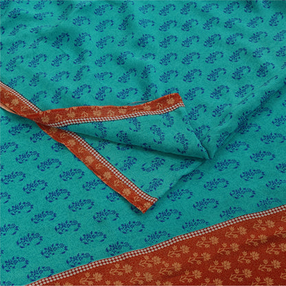 Sanskriti Vintage Sarees Blue 100%Pure Crepe Silk Printed Sari 5+yd Craft Fabric
