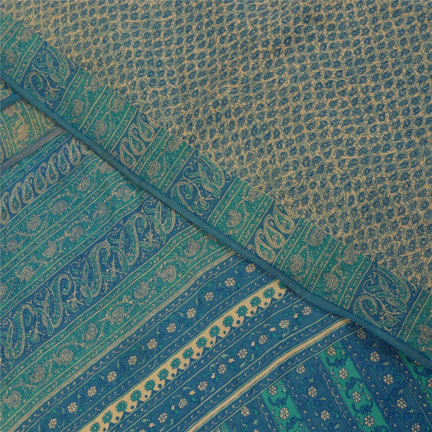 Sanskriti Vintage Sarees Pure Crepe Ivory & Blue Printed Sari 5+yd Craft Fabric