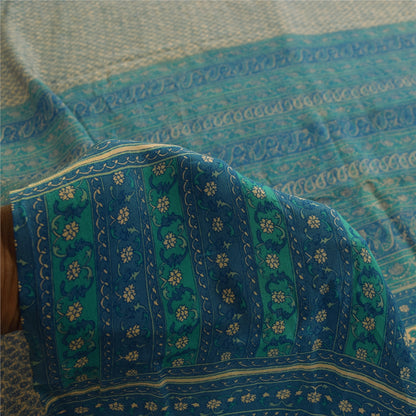 Sanskriti Vintage Sarees Pure Crepe Ivory & Blue Printed Sari 5+yd Craft Fabric