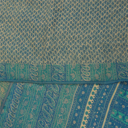 Sanskriti Vintage Sarees Pure Crepe Ivory & Blue Printed Sari 5+yd Craft Fabric