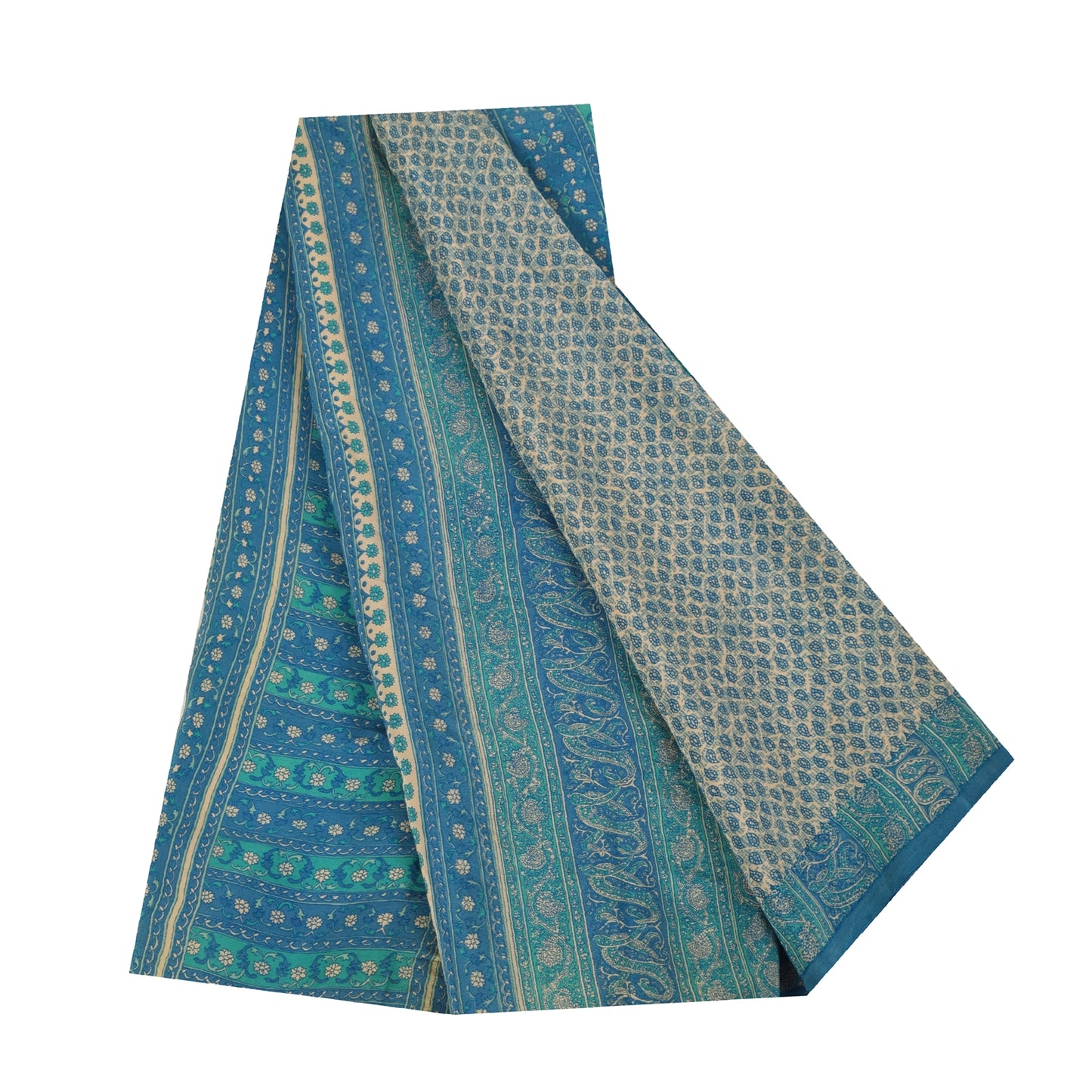 Sanskriti Vintage Sarees Pure Crepe Ivory & Blue Printed Sari 5+yd Craft Fabric