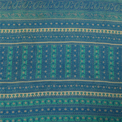 Sanskriti Vintage Sarees Pure Crepe Ivory & Blue Printed Sari 5+yd Craft Fabric