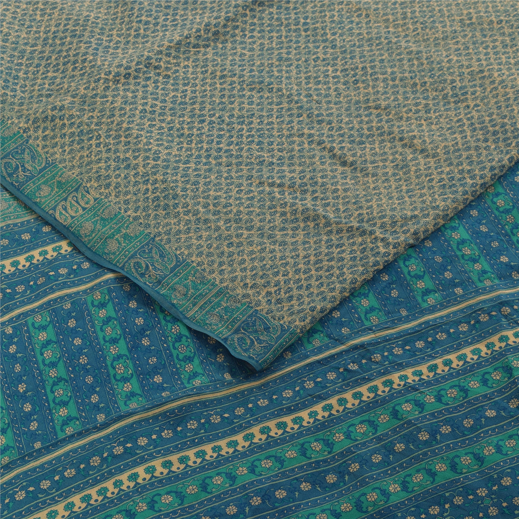 Sanskriti Vintage Sarees Pure Crepe Ivory & Blue Printed Sari 5+yd Craft Fabric