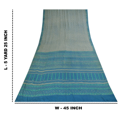 Sanskriti Vintage Sarees Pure Crepe Ivory & Blue Printed Sari 5+yd Craft Fabric