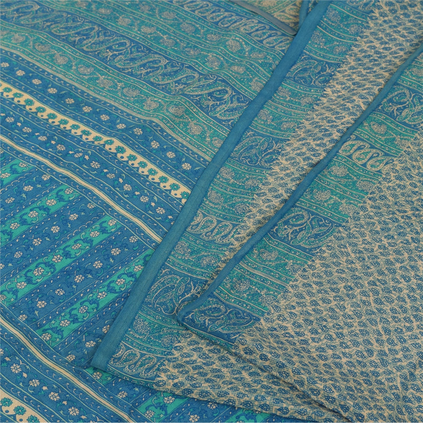 Sanskriti Vintage Sarees Pure Crepe Ivory & Blue Printed Sari 5+yd Craft Fabric