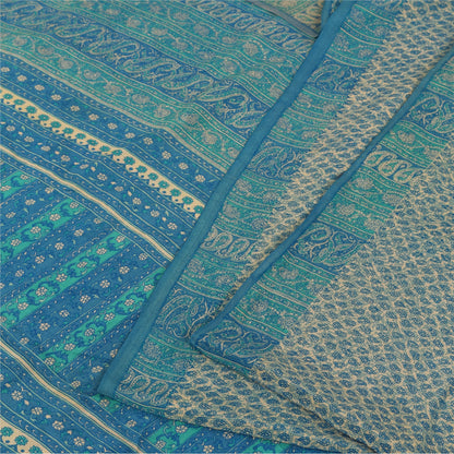 Sanskriti Vintage Sarees Pure Crepe Ivory & Blue Printed Sari 5+yd Craft Fabric