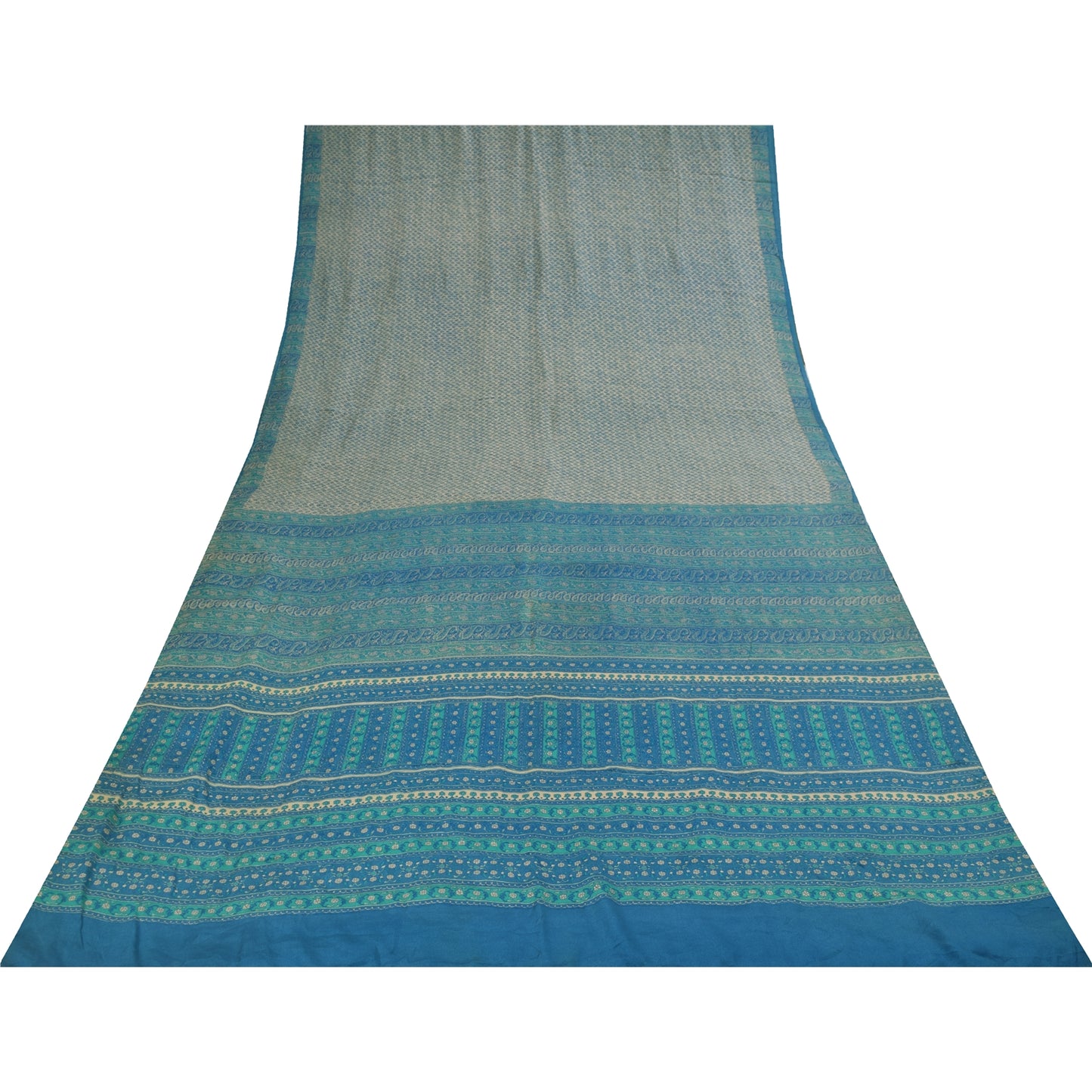 Sanskriti Vintage Sarees Pure Crepe Ivory & Blue Printed Sari 5+yd Craft Fabric