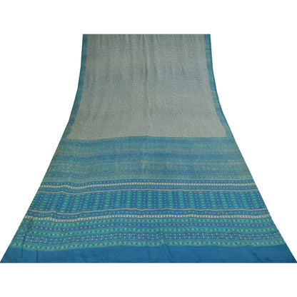 Sanskriti Vintage Sarees Pure Crepe Ivory & Blue Printed Sari 5+yd Craft Fabric