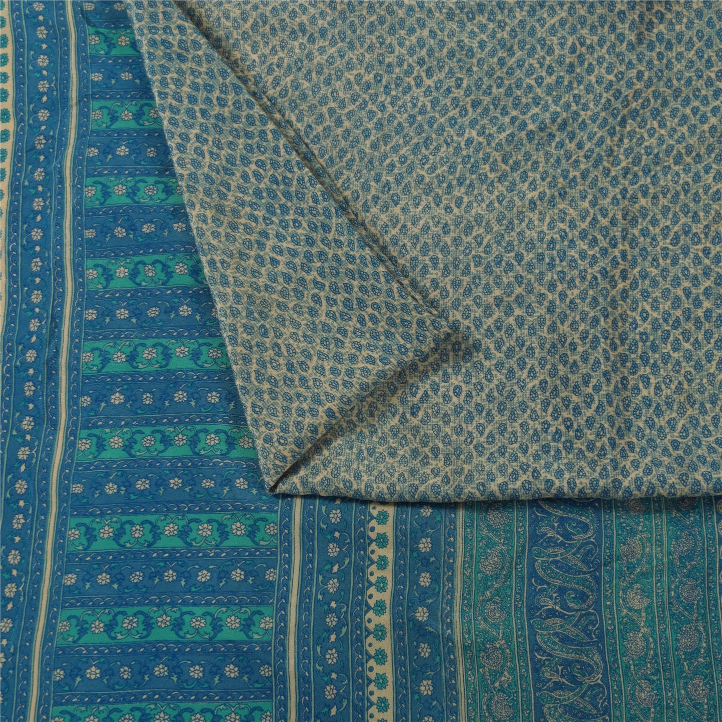 Sanskriti Vintage Sarees Pure Crepe Ivory & Blue Printed Sari 5+yd Craft Fabric