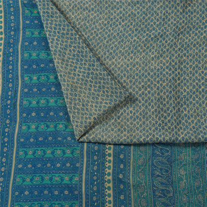 Sanskriti Vintage Sarees Pure Crepe Ivory & Blue Printed Sari 5+yd Craft Fabric