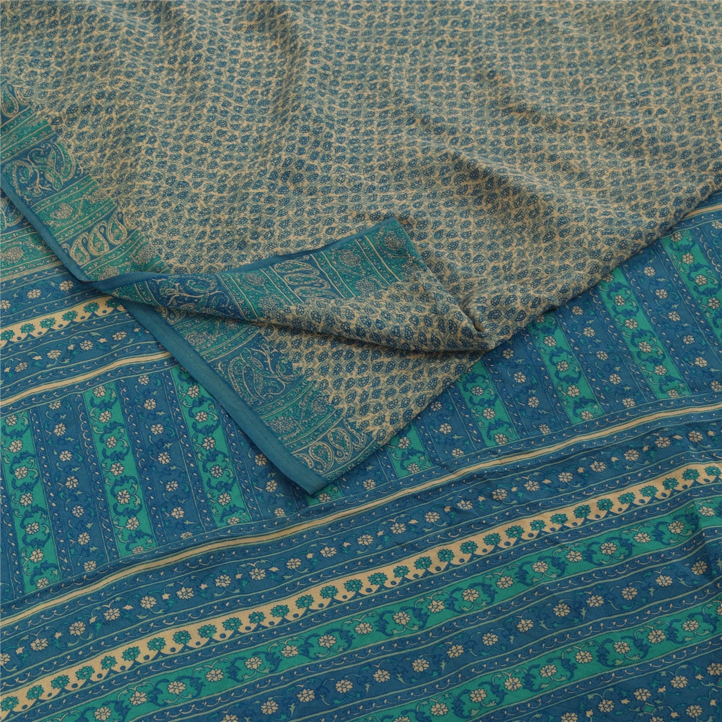Sanskriti Vintage Sarees Pure Crepe Ivory & Blue Printed Sari 5+yd Craft Fabric