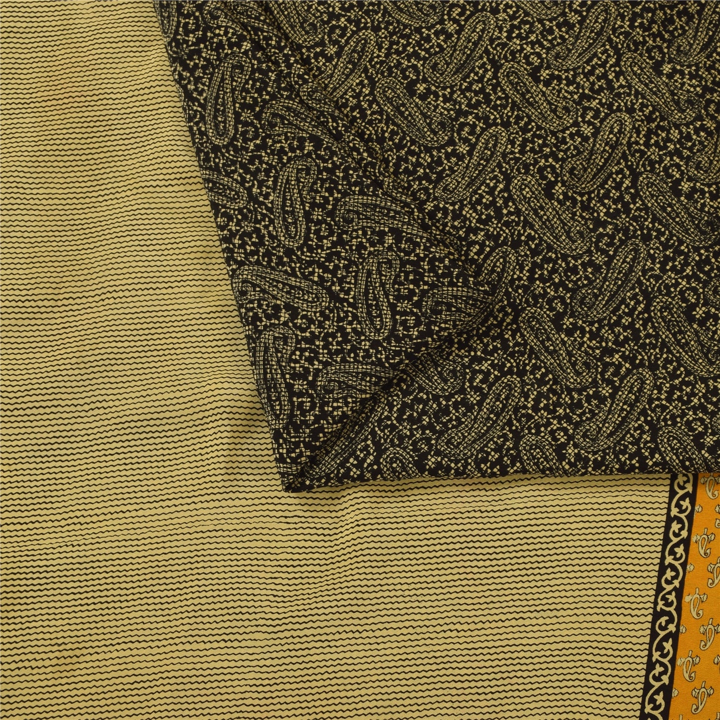 Sanskriti Vintage Sarees Black Pure Crepe Paisley Printed Sari 5+yd Craft Fabric