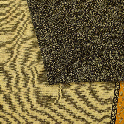 Sanskriti Vintage Sarees Black Pure Crepe Paisley Printed Sari 5+yd Craft Fabric