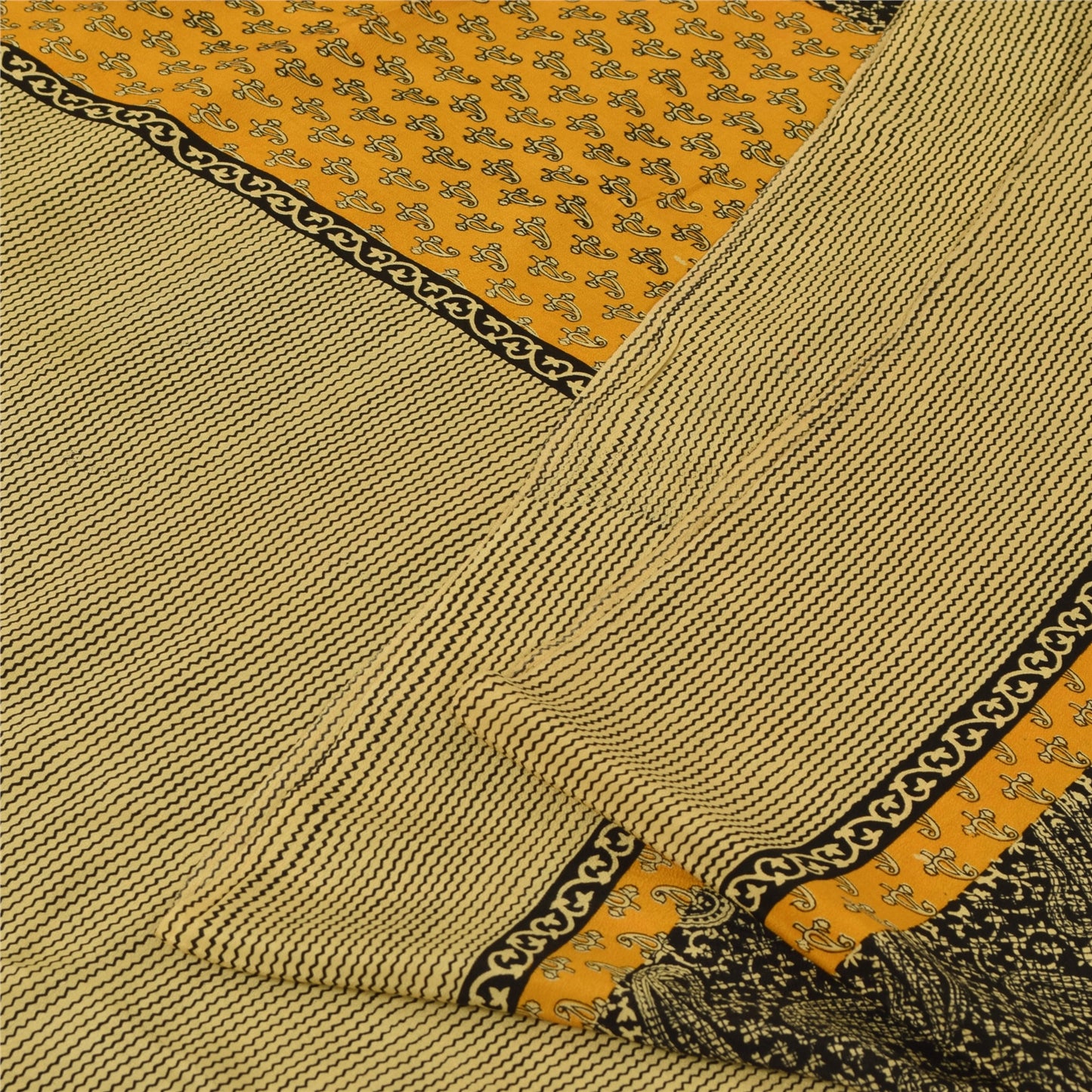 Sanskriti Vintage Sarees Black Pure Crepe Paisley Printed Sari 5+yd Craft Fabric