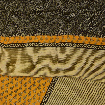 Sanskriti Vintage Sarees Black Pure Crepe Paisley Printed Sari 5+yd Craft Fabric