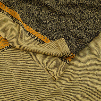 Sanskriti Vintage Sarees Black Pure Crepe Paisley Printed Sari 5+yd Craft Fabric