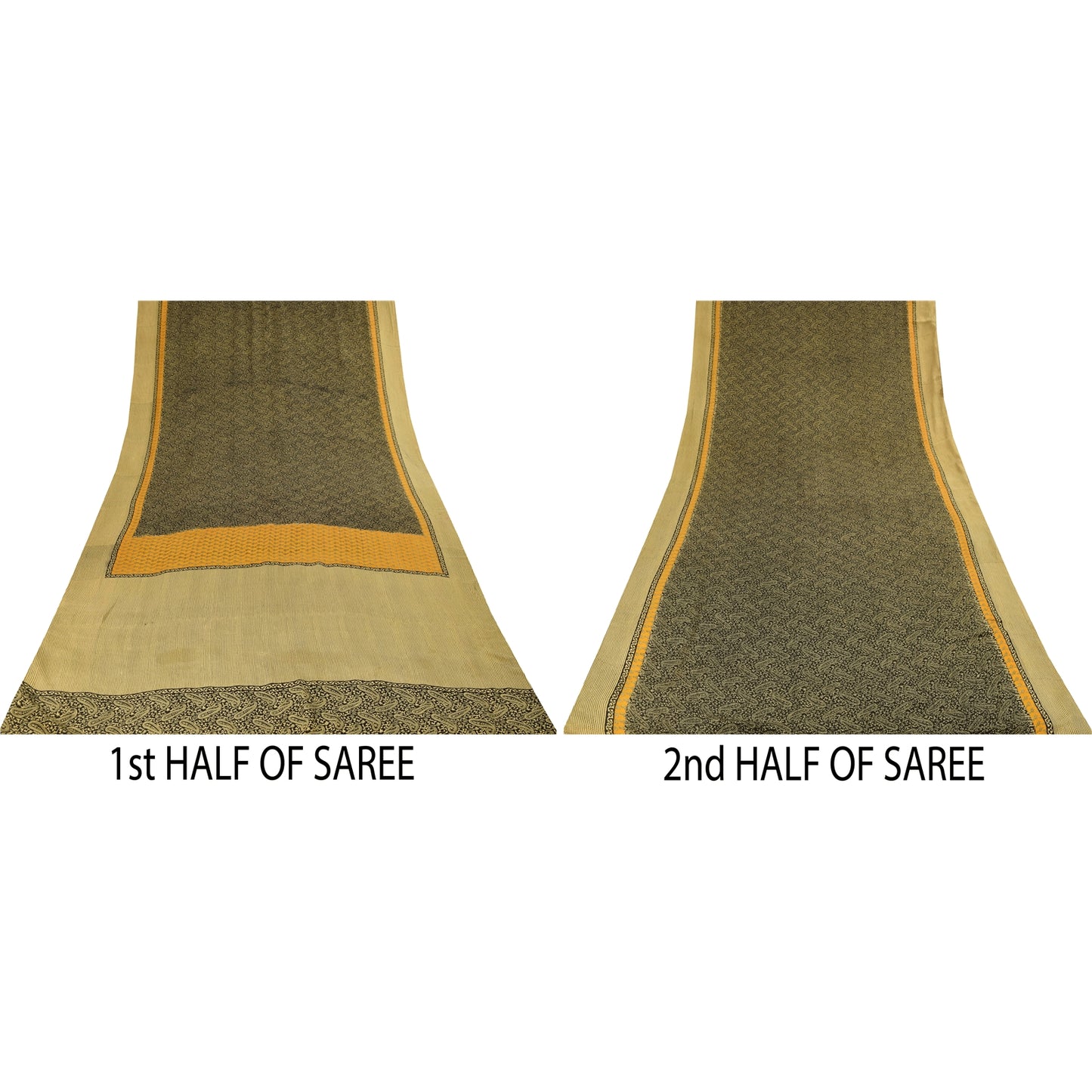 Sanskriti Vintage Sarees Black Pure Crepe Paisley Printed Sari 5+yd Craft Fabric