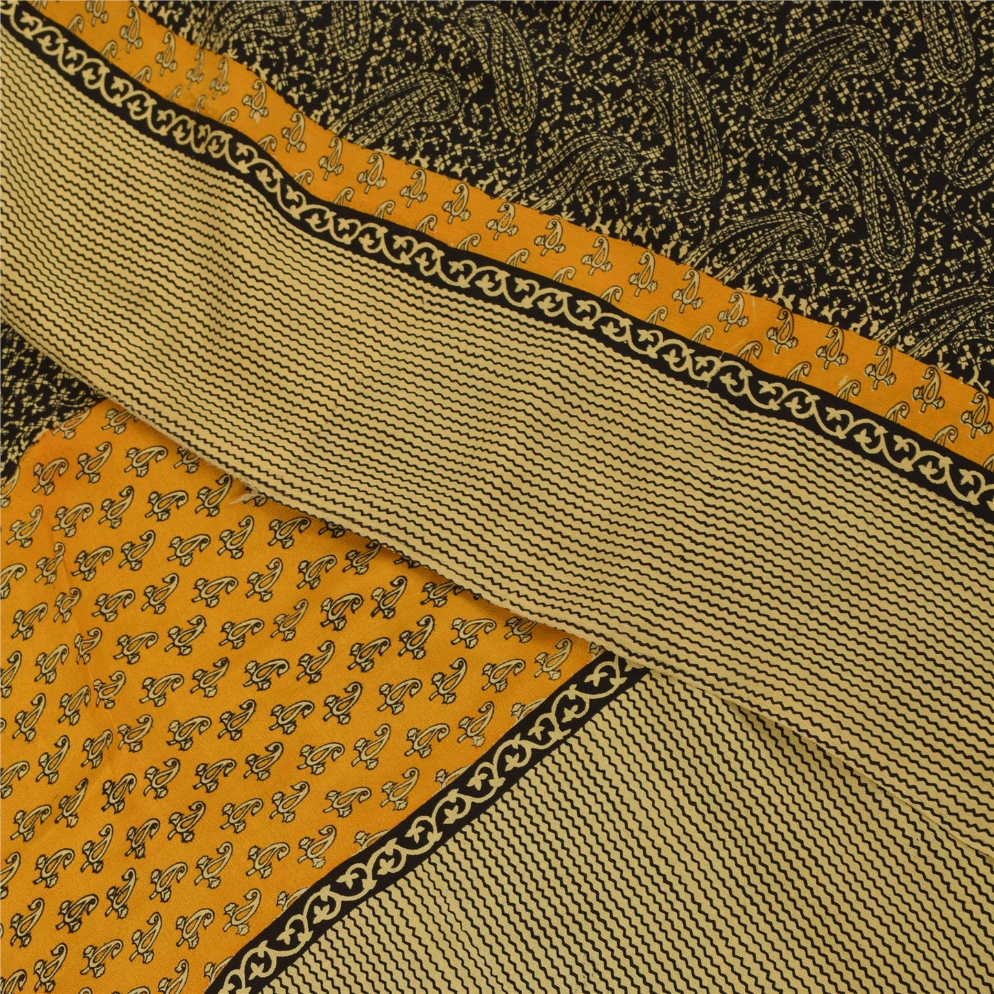 Sanskriti Vintage Sarees Black Pure Crepe Paisley Printed Sari 5+yd Craft Fabric