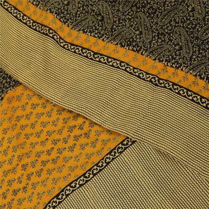 Sanskriti Vintage Sarees Black Pure Crepe Paisley Printed Sari 5+yd Craft Fabric
