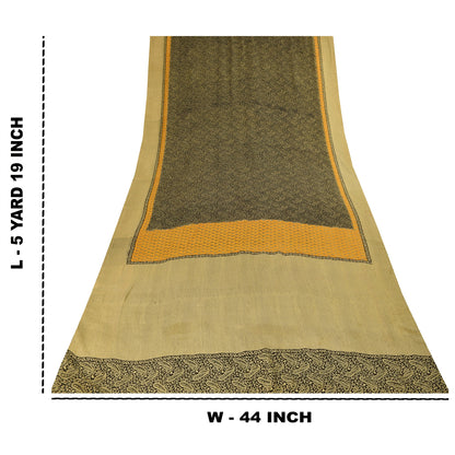 Sanskriti Vintage Sarees Black Pure Crepe Paisley Printed Sari 5+yd Craft Fabric