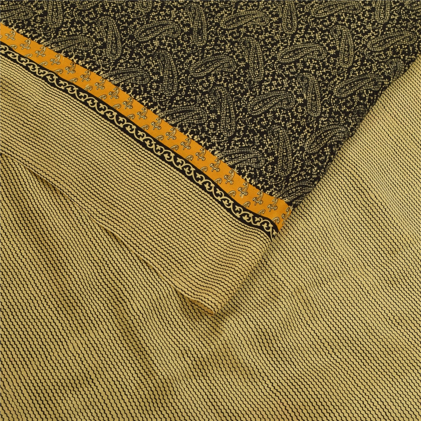 Sanskriti Vintage Sarees Black Pure Crepe Paisley Printed Sari 5+yd Craft Fabric